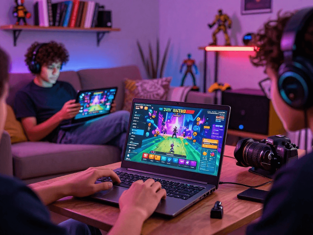 Immersive scene of players enjoying popular porn ganes on various devices in a cozy gaming setup.