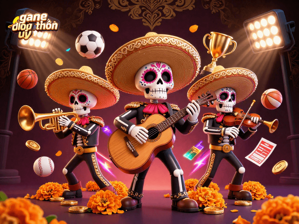 Experience the excitement of game đổi thưởng uy tín with a lively mariachi band illustration filled with sports elements.