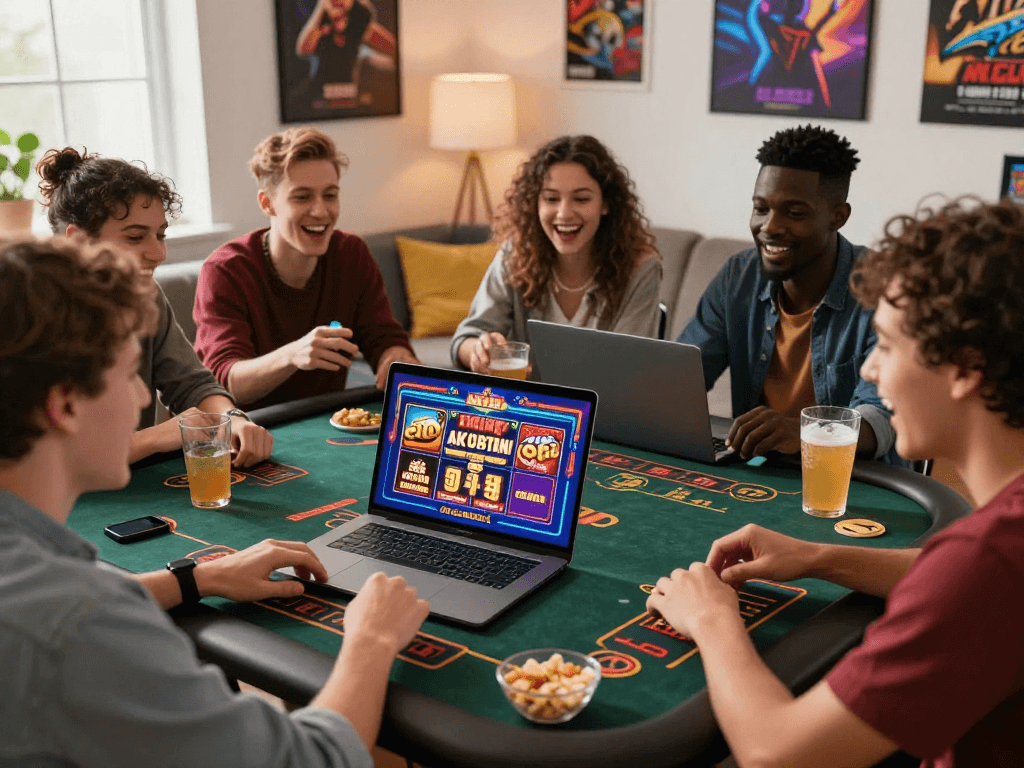Un gruppo di amici esplora giochi di casino online non AAMS intorno a un laptop, ambiente vivace e accogliente.