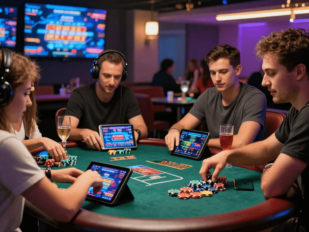 Gruppo di amici che gioca a casino online non AAMS in un ambiente vivace e moderno.