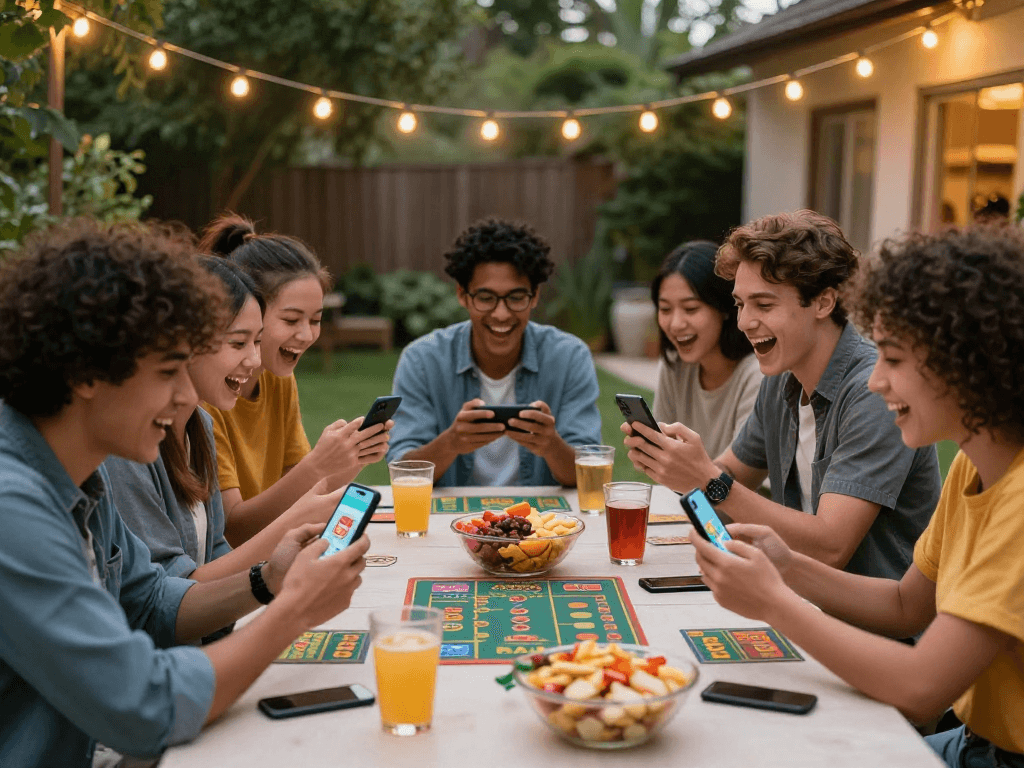 Giovani amici si divertono a giocare a casino online non AAMS in giardino, atmosfera festosa.