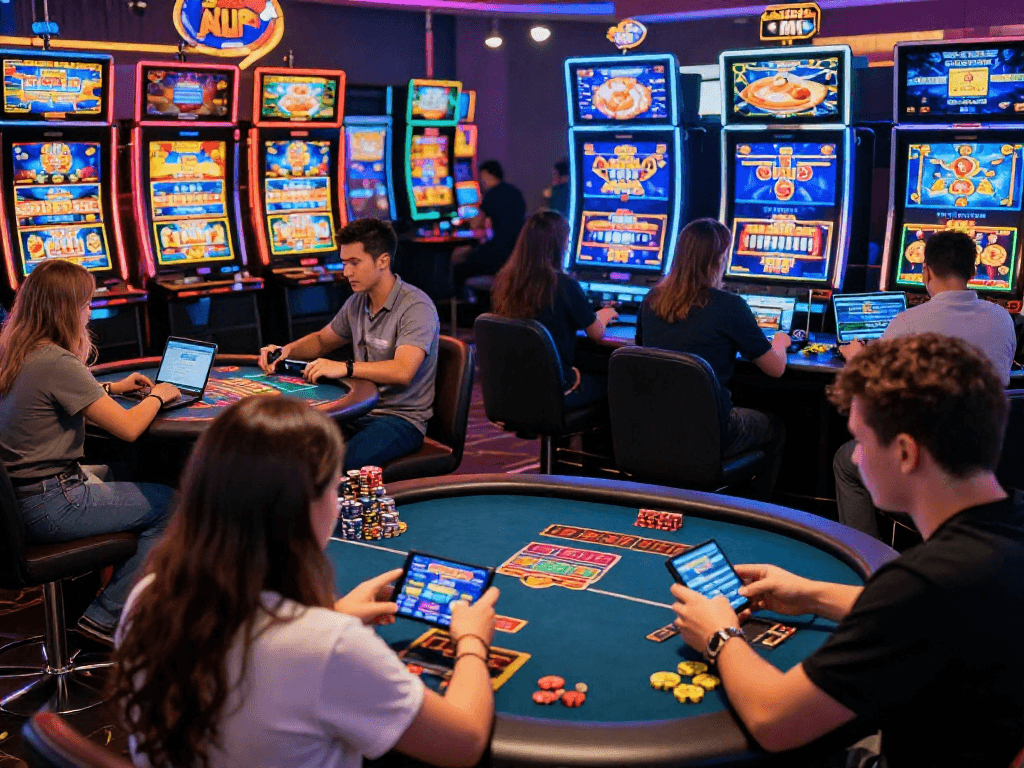 Giocatori nel casinò online non AAMS che si divertono con vari giochi in un ambiente digitale vivace e coinvolgente.