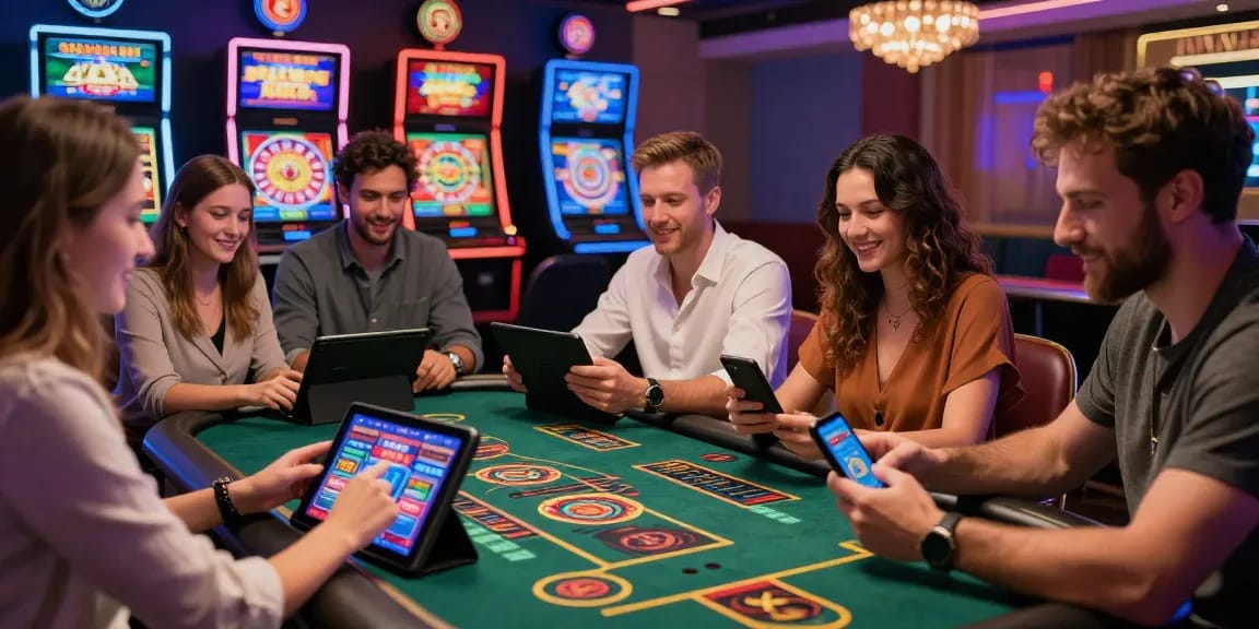 Giocatori che si divertono nei casino online non AAMS, ambiente moderno e luminoso, slot e roulette sullo sfondo.