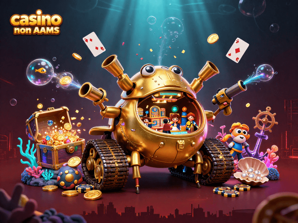 Un'emozionante scena di un casinò online non AAMS con un carro armato a forma di scarabeo d'oro e giochi di carte volanti.