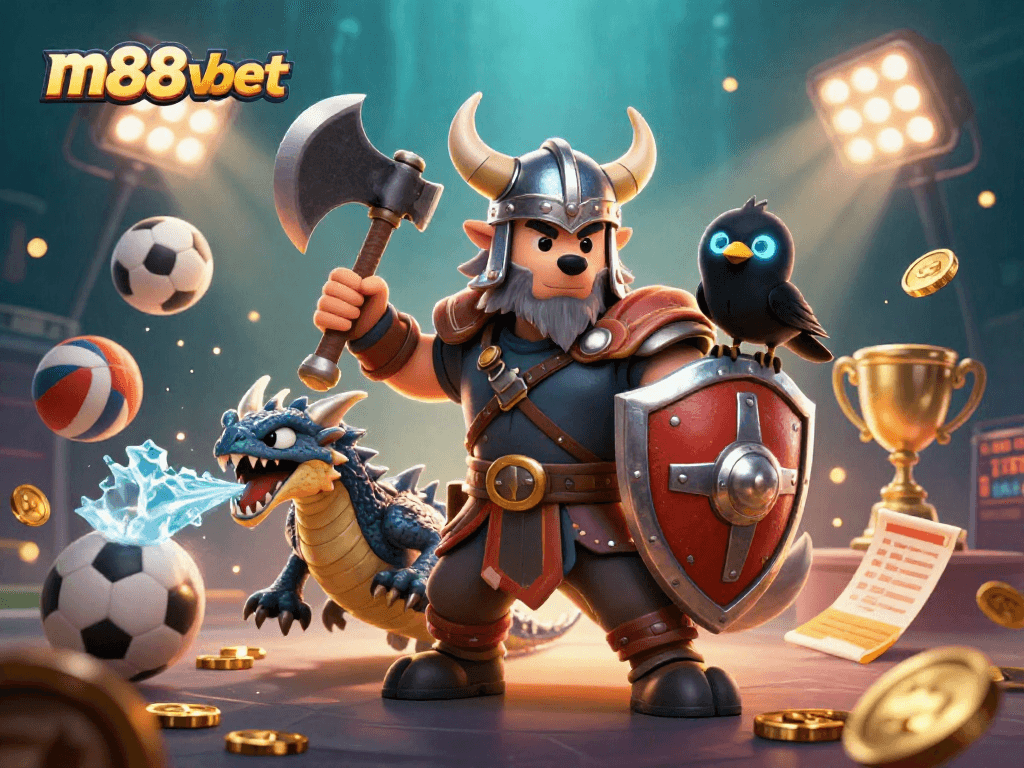 Bet on m88vbet and win with dynamic sports-themed characters in an immersive scene.