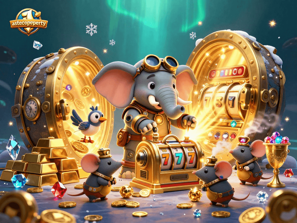 Spin fortune with astecoproperty's engaging 3D slot machine scene featuring lucky gems and gold!