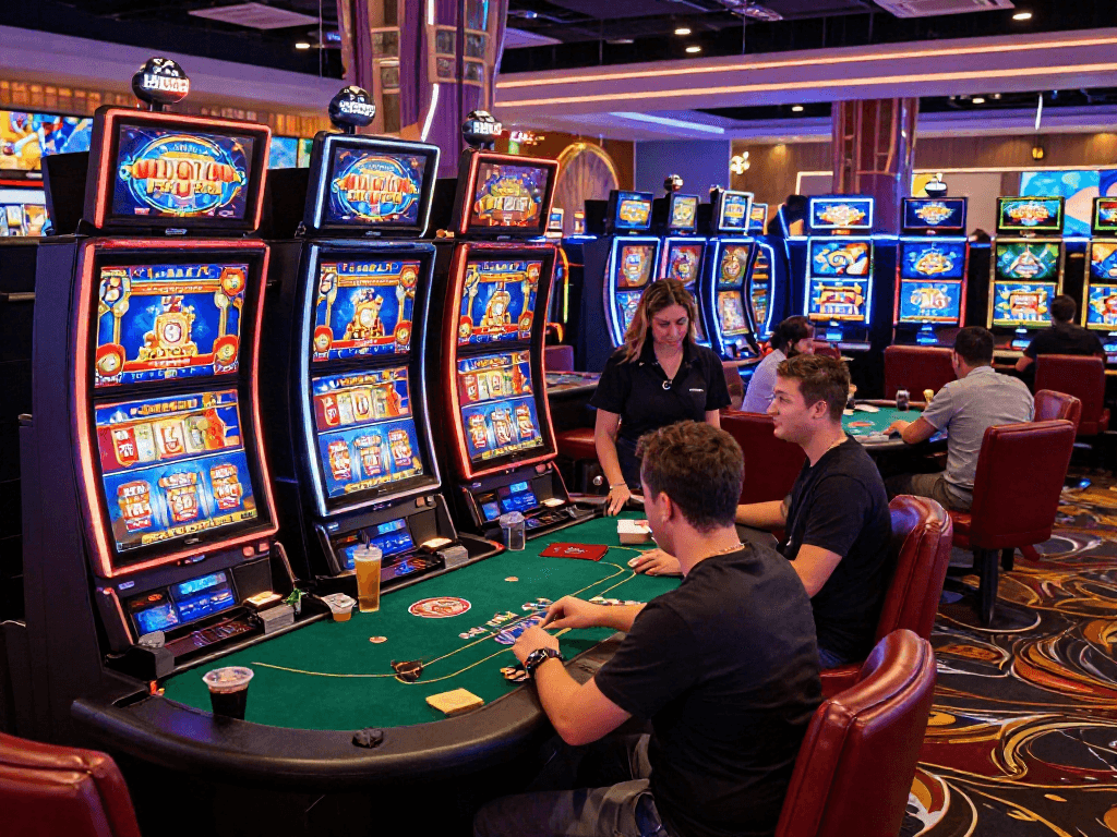 Esperienza di gioco vivace in un casinò online non AAMS con giocatori entusiasti e decorazioni luminose.