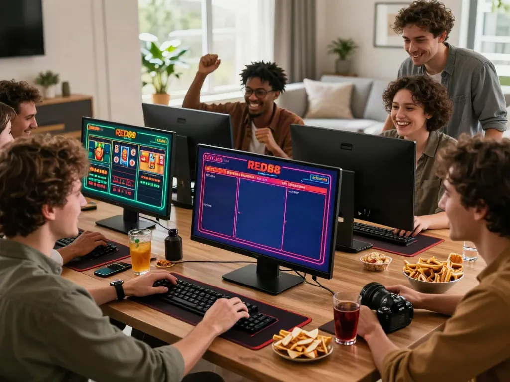 Friends enjoying online gambling at RED88 with lively screen displays and snacks.