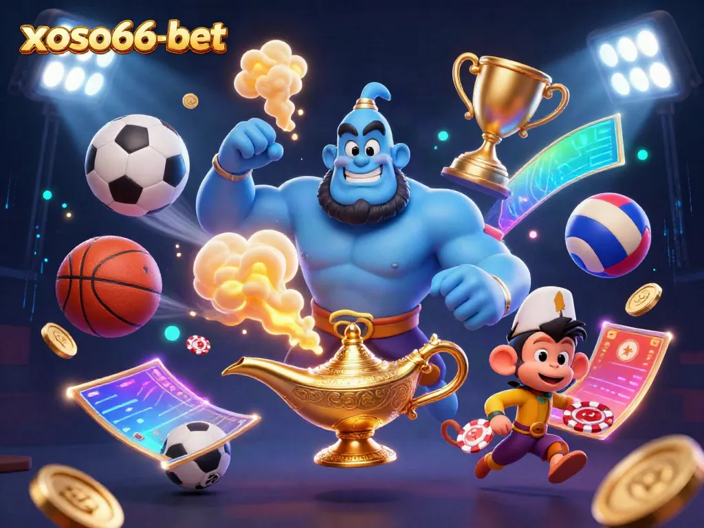 Engage in thrilling gaming adventures with xoso66-bet as the genie and monkey navigate a vibrant casino scene.