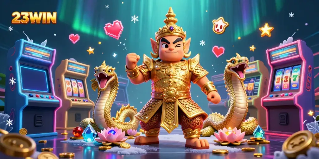 Play exciting slots with 23WIN as a golden guardian and serpents bring luck in this vibrant casino scene.
