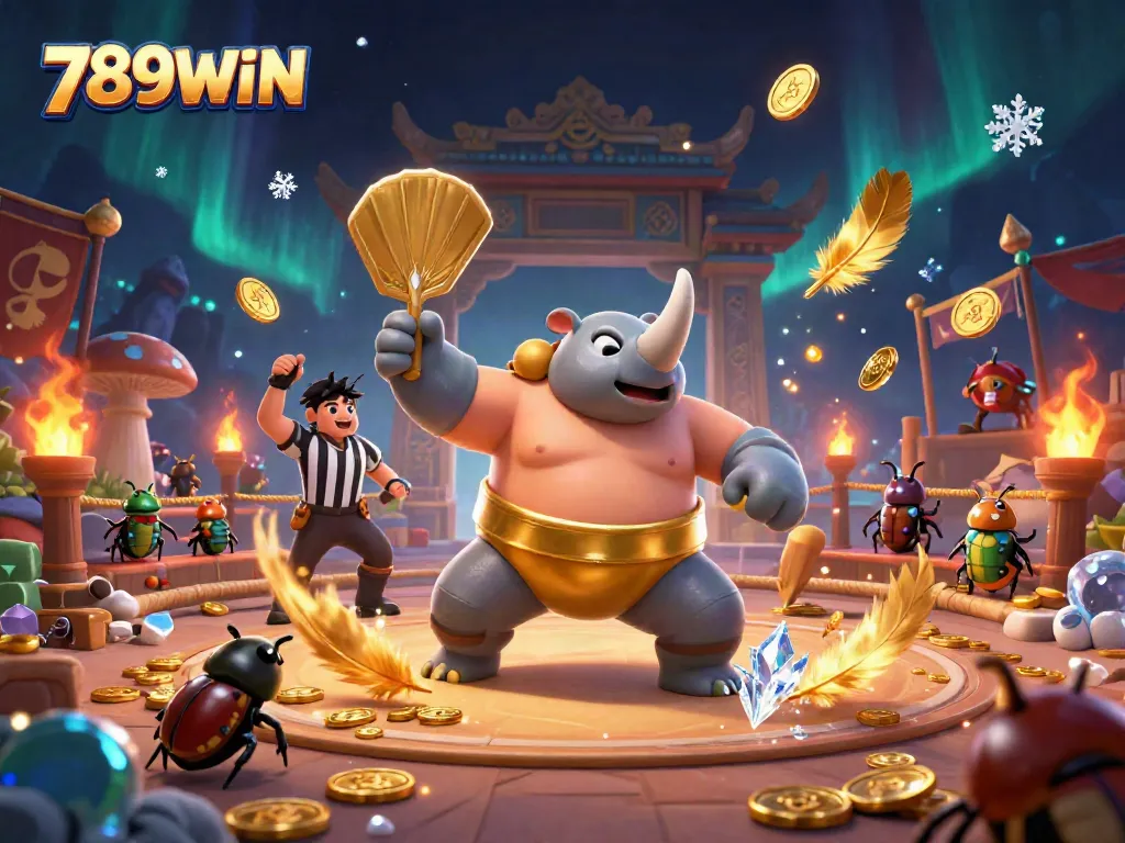 Experience winning moments at 789WIN with a dynamic casino scene featuring a sumo beetle and coins flying.