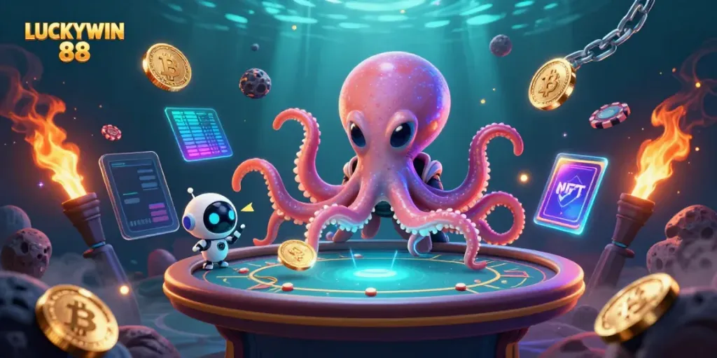 Engage with thrilling gameplay at LUCKYWIN 88 featuring an alien octopus at a poker table surrounded by crypto elements.