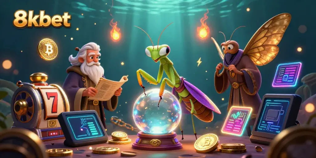 Experience the dynamic excitement of 8kbet with a vibrant casino scene featuring mystical characters and gaming elements.