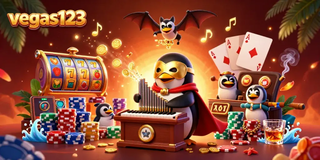 Slot permainan menarik di vegas123, menampilkan penguin opera dan chip poker berwarna-warni.