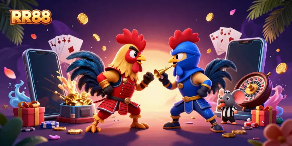 RR88’s exciting scene of fighting roosters, colorful smartphone games, and vibrant casino elements.