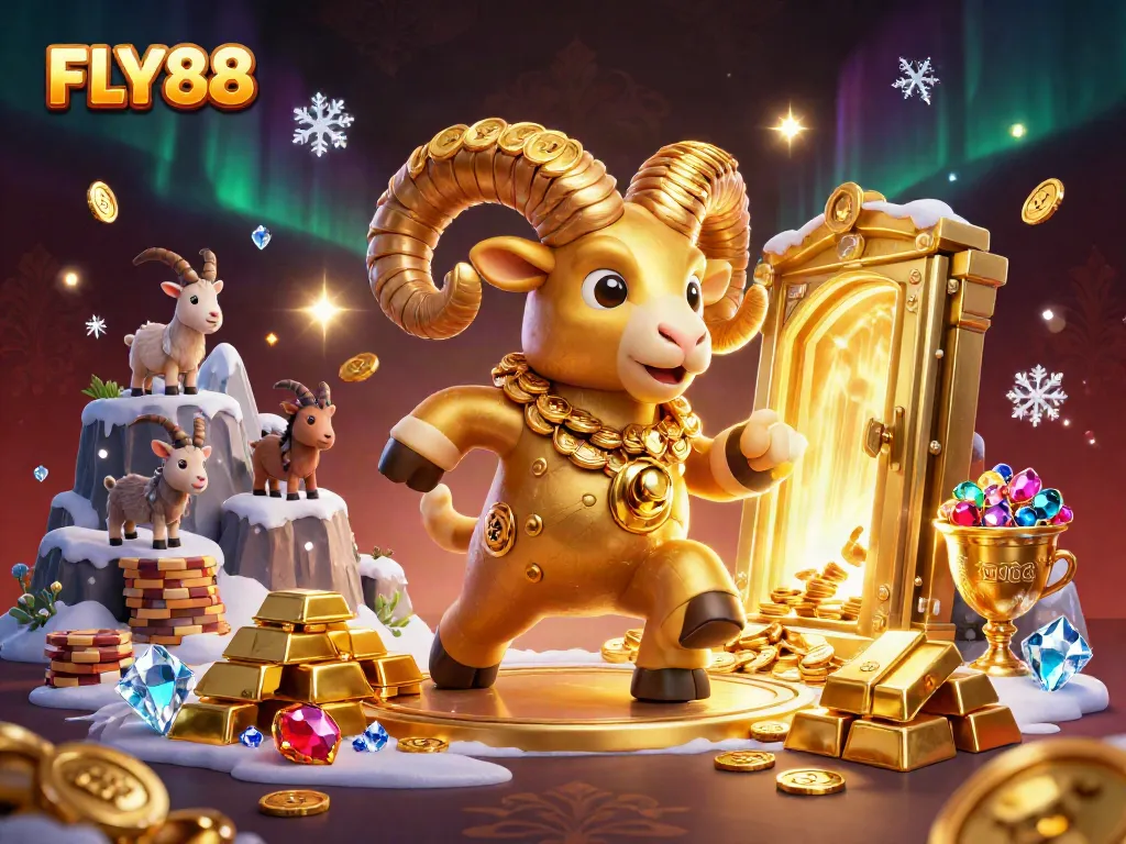 Experience vibrant wins at FLY88 as a golden ram bursts through a treasure vault overflowing with gems and coins.