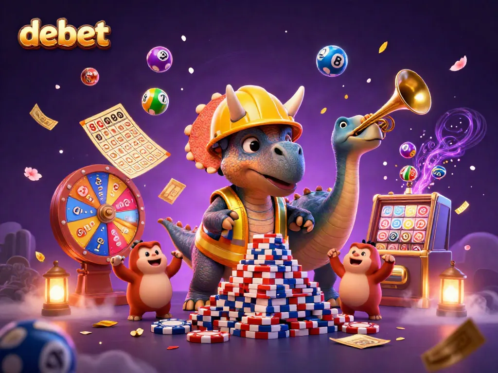 Experience the vibrant joy of debet with triceratops and lottery elements in a colorful casino scene.
