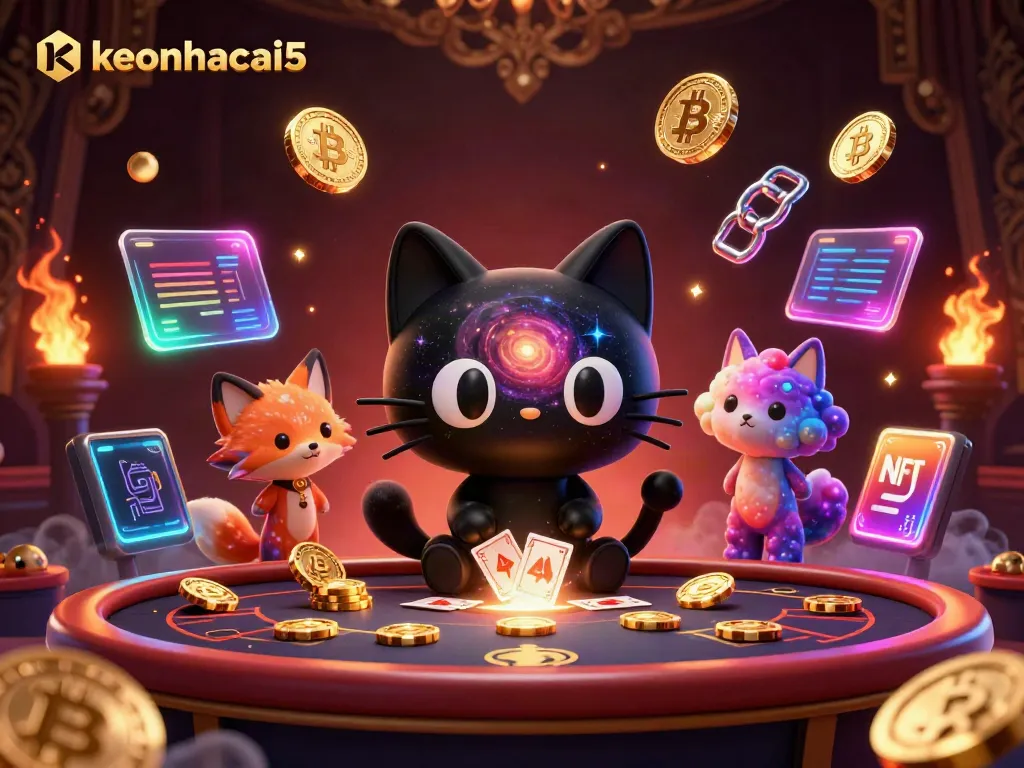 keonhacai5 showcases a cosmic casino scene with a black hole cat and nebula fox, highlighting unique gambling elements.