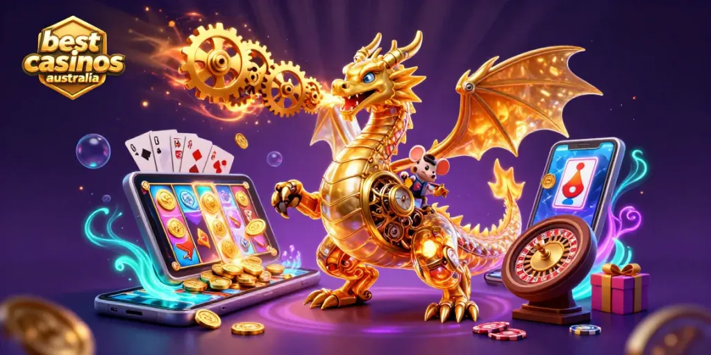 Experience the best crypto casinos Australia with animated 3D gaming elements featuring a golden dragon.