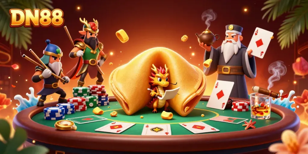 Engage winning strategies with DN88's vibrant casino scene featuring dynamic gaming elements and characters.