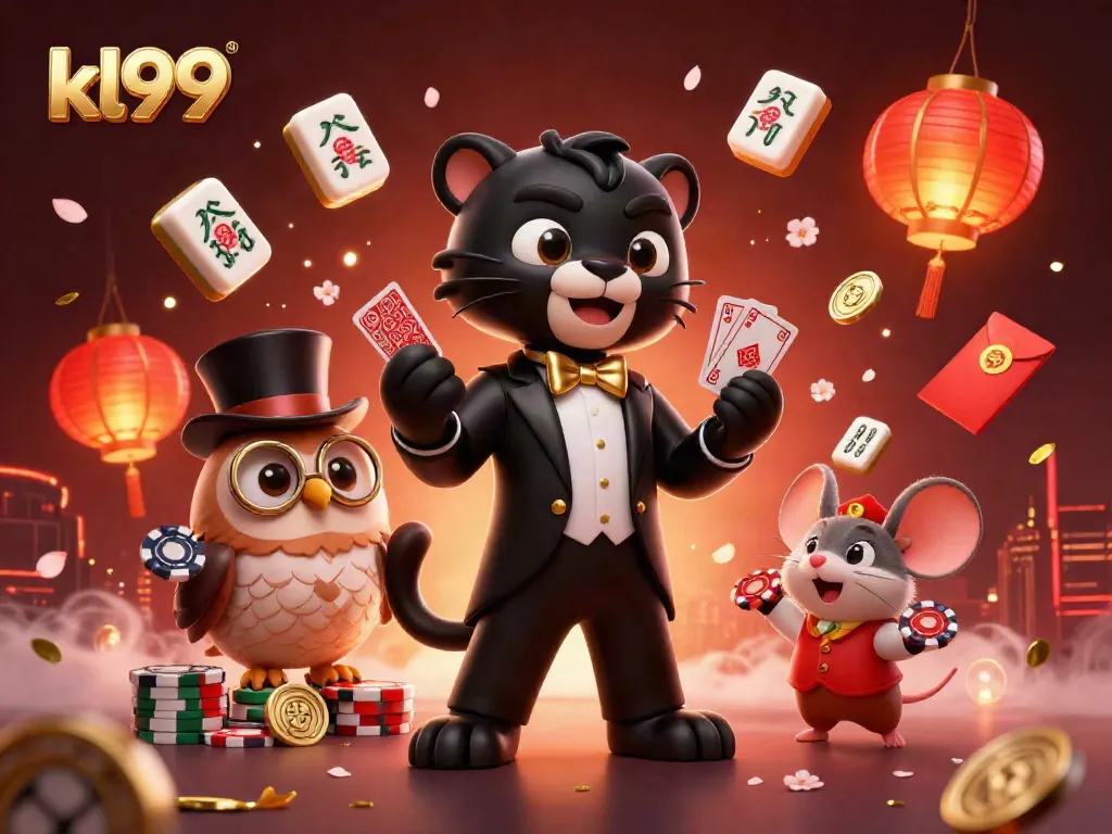 kl99 characters dealing cards in a vibrant casino atmosphere filled with festive elements.