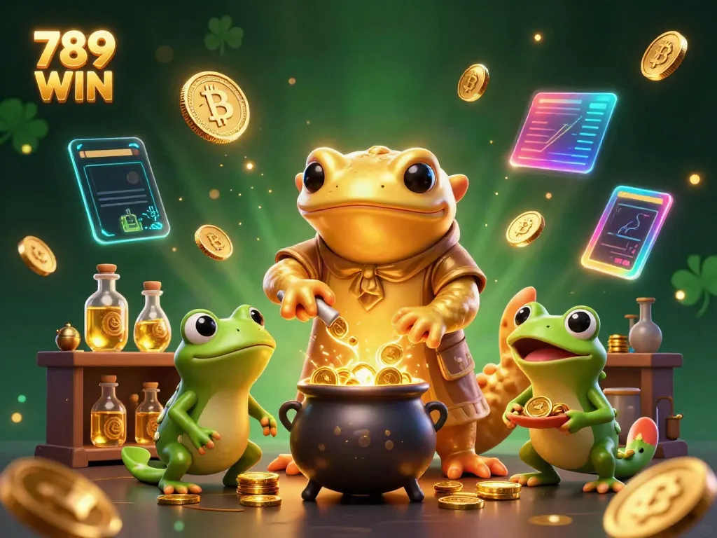 Experience thrilling gaming at 789 WIN with a vibrant 3D scene of an alchemist and gold coins.
