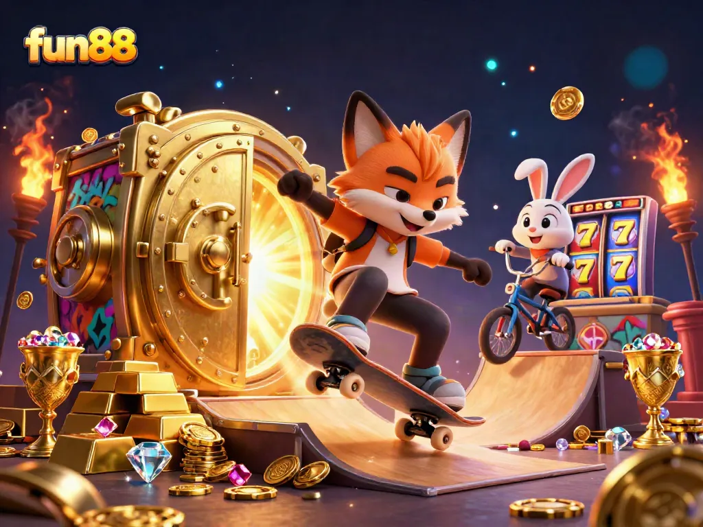 Experience thrill with fun88 as a fox performs tricks above golden poker chips in vibrant casino chaos.