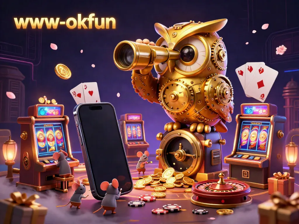 Play the lively www-okfun slot games with golden owl overseeing the vibrant casino scene.