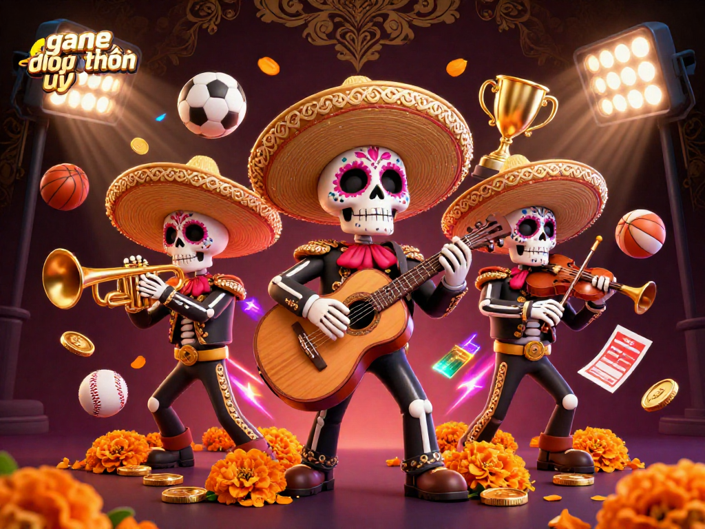 Experience the excitement of game đổi thưởng uy tín with a lively mariachi band illustration filled with sports elements.