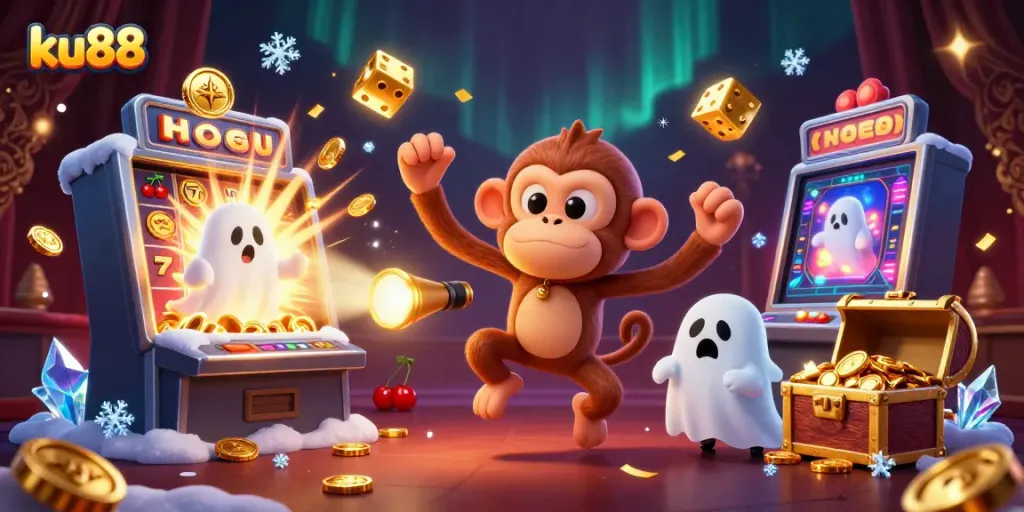 ku88 playful scene showcasing casino excitement with a mischievous monkey and curious puppy