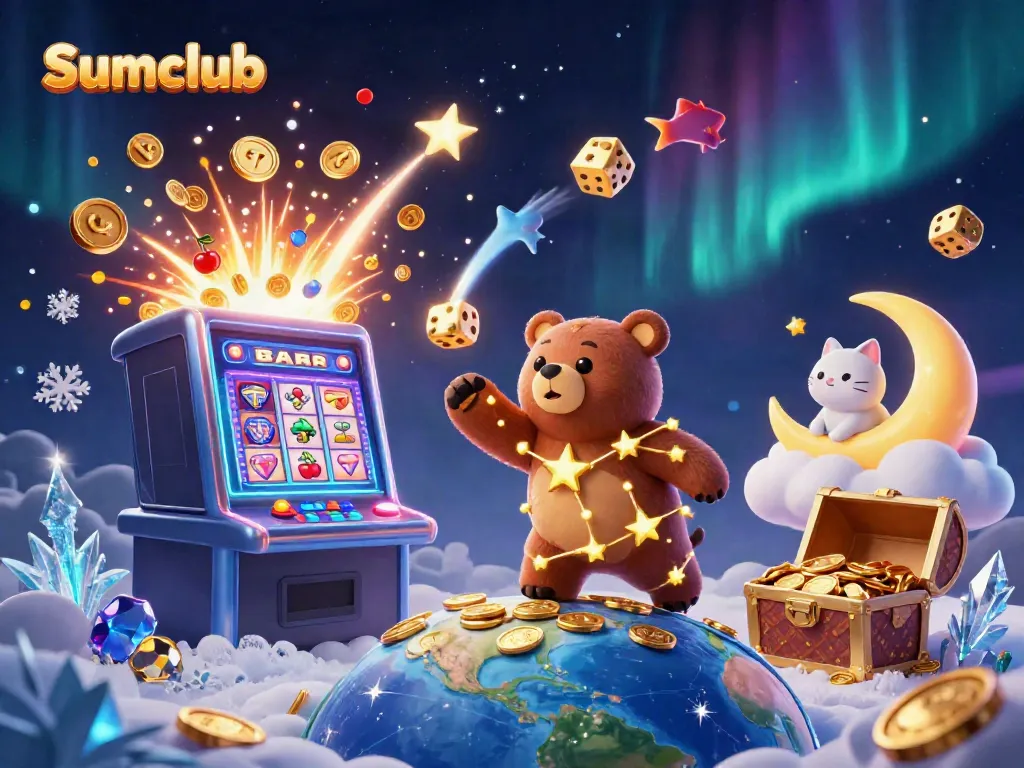 Experience the thrill at Sumclub with a vibrant casino-themed illustration featuring a jackpot explosion and playful characters.