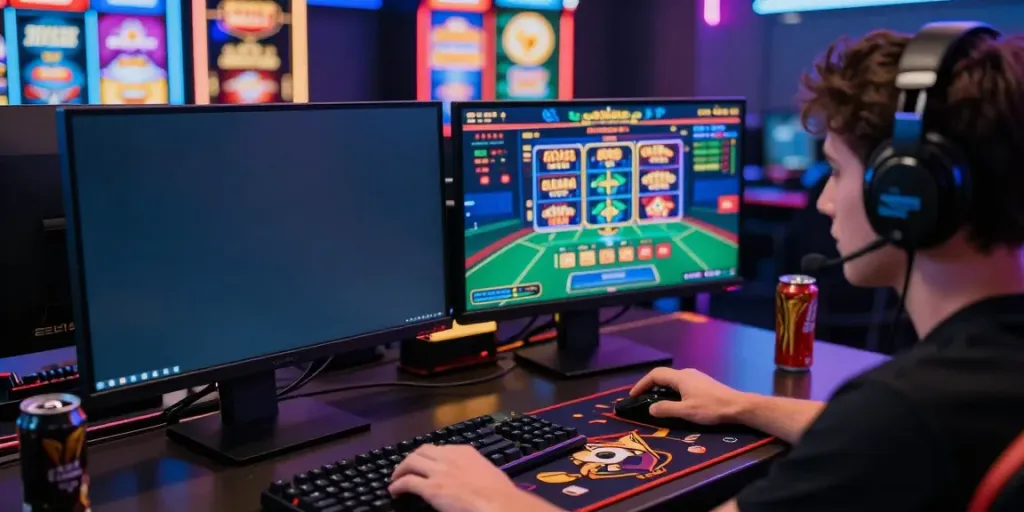 Player engaging with virtual casino games at https://ku88vt.com/ on a dual-monitor gaming setup with vibrant graphics.