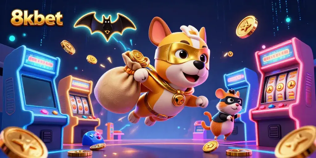 Join the colorful world of 8kbet as a superhero dog and hamster navigate a vibrant casino adventure.