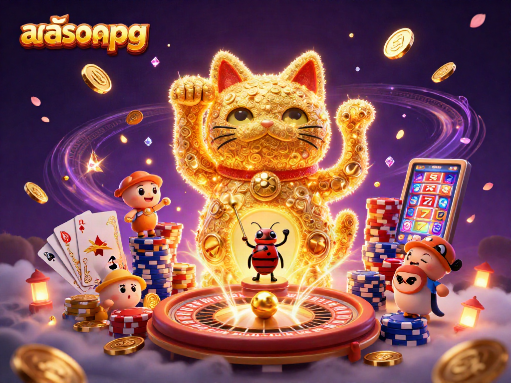 Spin the reels with สล็อตpg in this vibrant 3D illustration featuring a lucky cat and casino elements.