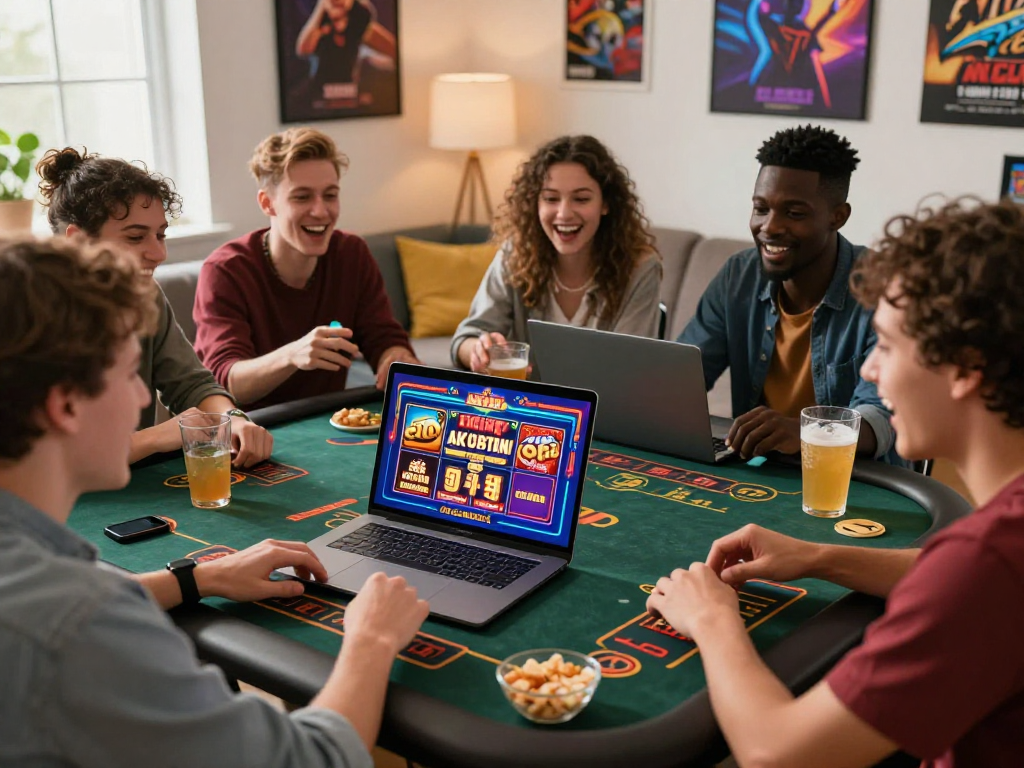 Un gruppo di amici esplora giochi di casino online non AAMS intorno a un laptop, ambiente vivace e accogliente.