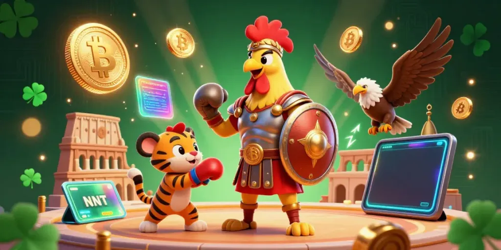 Nhatvip captures thrilling online gambling action with a gladiator rooster and tiger cub in a vibrant scene