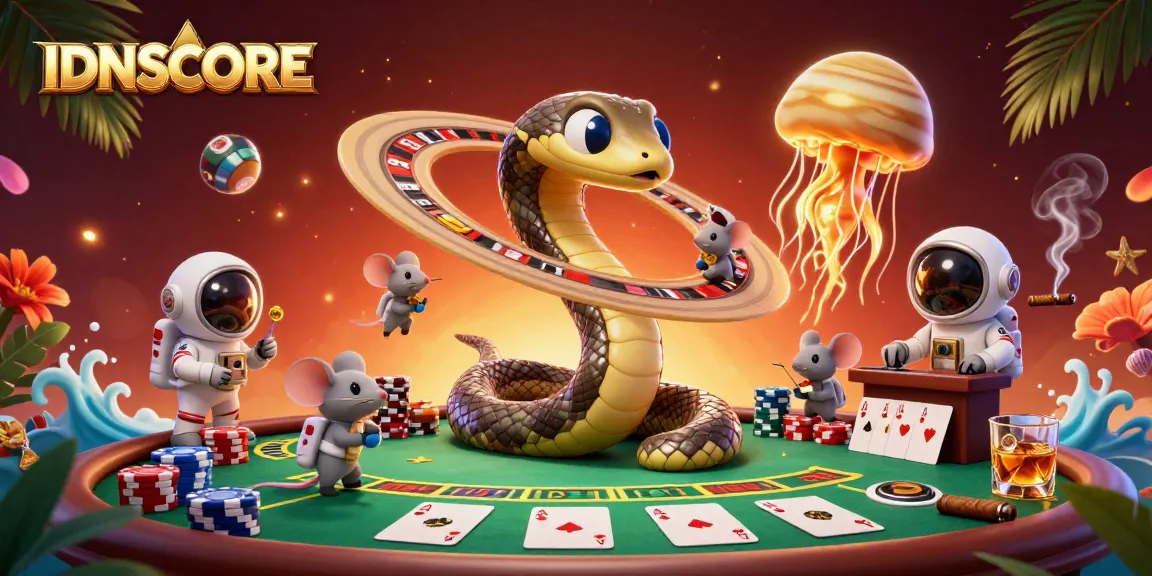 Experience thrilling gambling action with IDNSCORE, featuring a 3D cosmic casino scene full of vibrant characters.