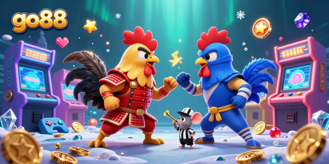 Experience go88’s thrilling atmosphere with epic cartoon fighting roosters in a colorful casino scene.
