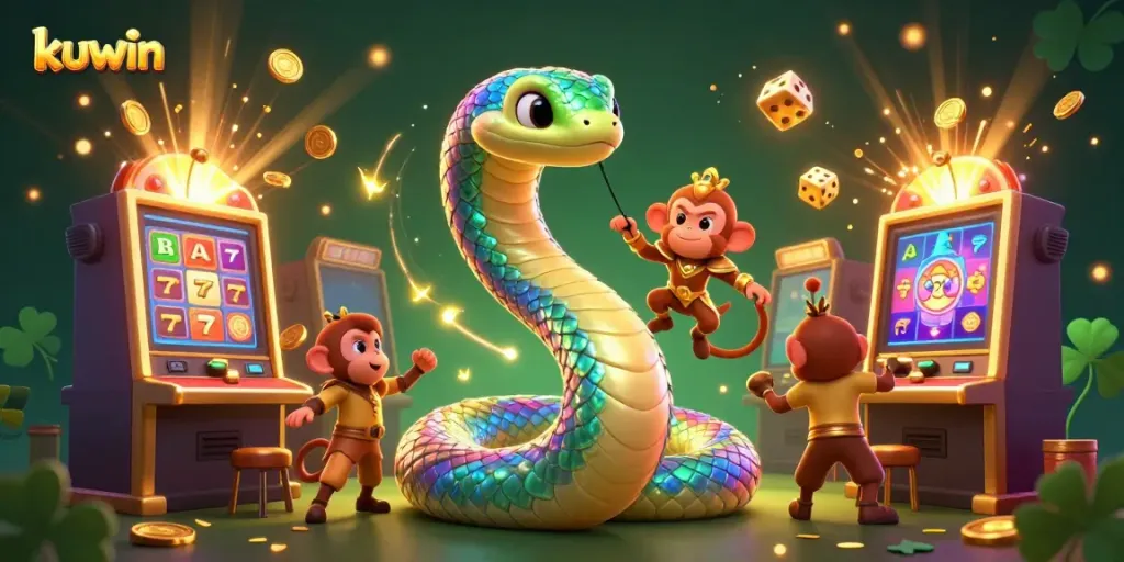 Kuwin showcases a vibrant digital casino scene with a rainbow serpent, jackpot slot machines, and spirited game elements.