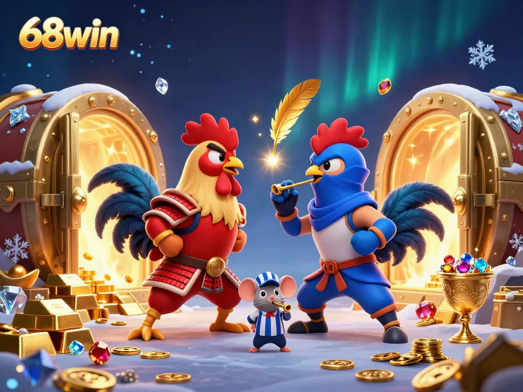 Watch the epic duel of roosters in 68win's vibrant online casino, surrounded by treasures.