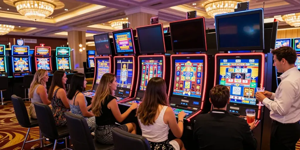 Exciting casino en ligne scene with players around colorful slot machines.