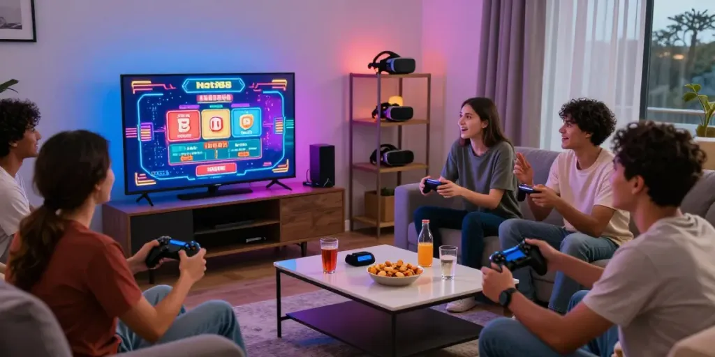 Group enjoying Net88 Casino games in a lively living room.
