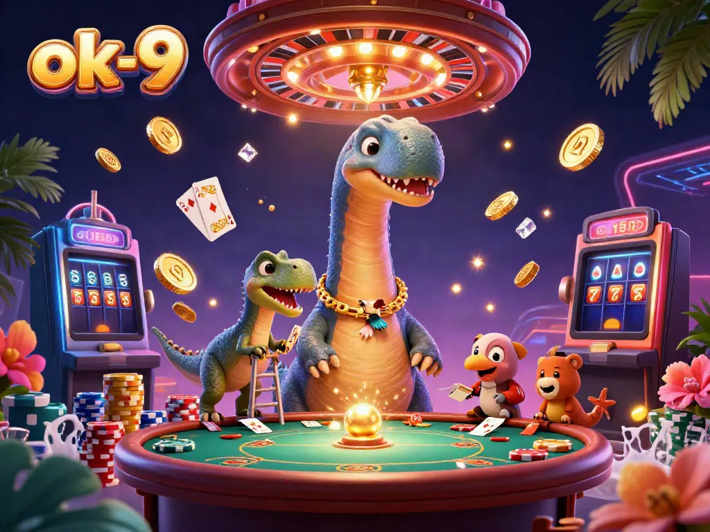 ok-9 showcases a vibrant casino scene featuring a giant brontosaurus and clever raptor dealing cards.