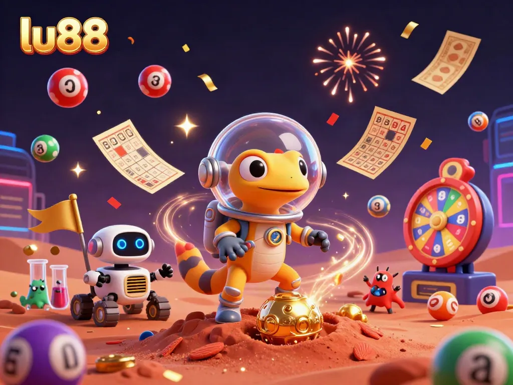 lu88 showcases an exciting Martian gecko exploration of a golden casino amidst colorful lottery elements.