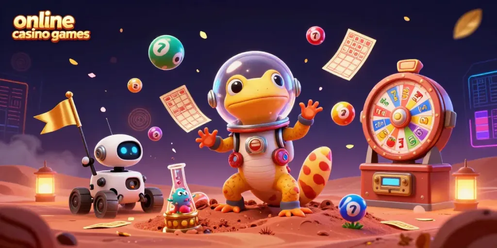 Engage in thrilling online casino games with a Martian gecko in a golden casino scene filled with vibrant lottery elements.