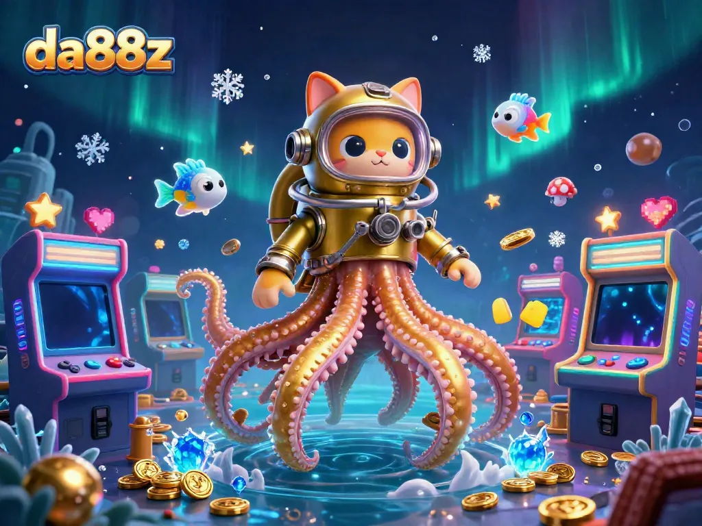 Experience thrilling gameplay at da88z with a cartoon kraken, diving cat, and vibrant gaming elements.