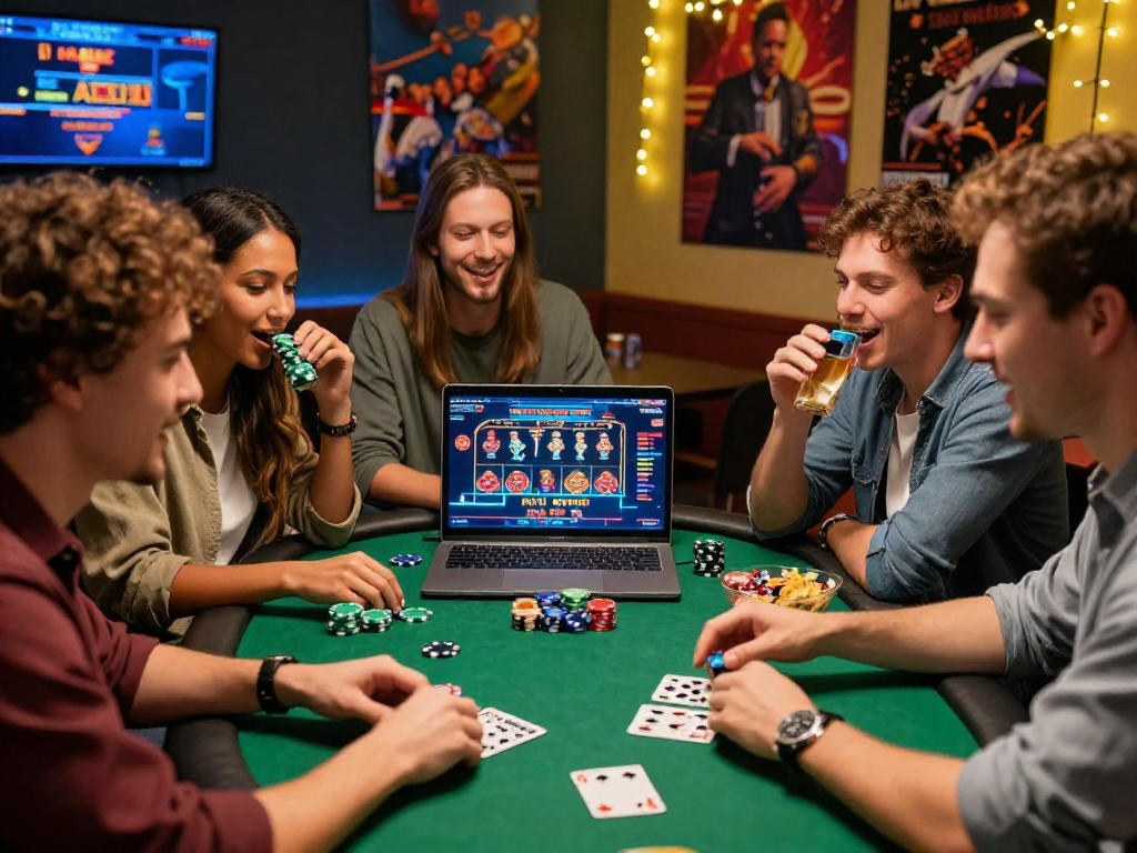Un gruppo di amici si diverte mentre gioca a casino online non AAMS, circondato da carte da gioco e gettoni colorati.