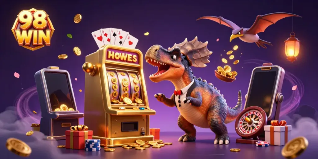 Experience the thrill of 98 WIN as a pachycephalosaurus hits the jackpot among dynamic casino elements.