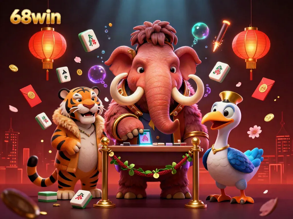 Experience excitement at 68win with the vibrant illustration of a casino bouncer, a VIP guest, and a doorman amidst festive gambling elements.