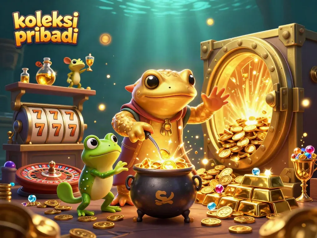 Koleksi pribadi showcases a golden alchemist and frog apprentice in a vibrant casino-themed scene.